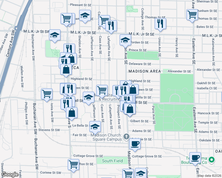 map of restaurants, bars, coffee shops, grocery stores, and more near 1153 Prospect Avenue Southeast in Grand Rapids