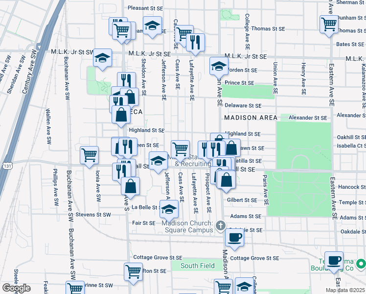map of restaurants, bars, coffee shops, grocery stores, and more near 1159 Lafayette Avenue Southeast in Grand Rapids