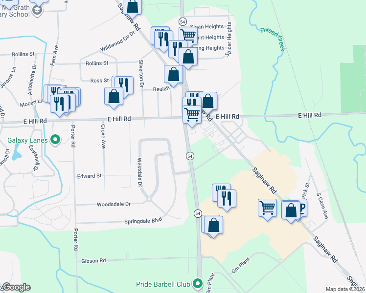 map of restaurants, bars, coffee shops, grocery stores, and more near 6085 Springdale Boulevard in Grand Blanc