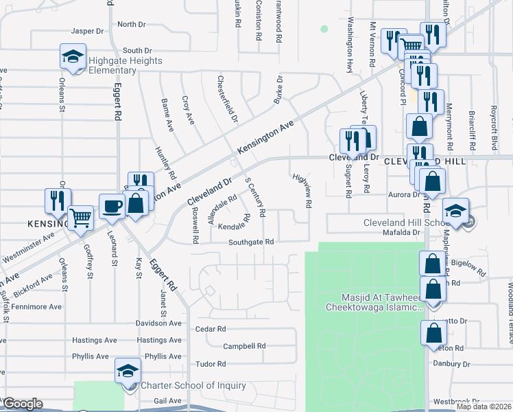 map of restaurants, bars, coffee shops, grocery stores, and more near 53 Kendale Road in Buffalo
