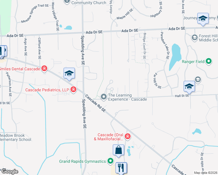 map of restaurants, bars, coffee shops, grocery stores, and more near 5350 Balsam Hill Court Southeast in Grand Rapids