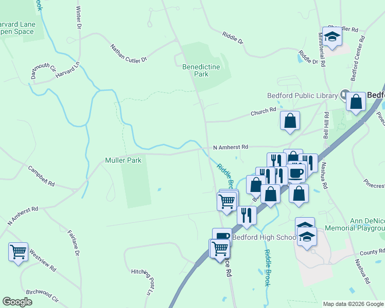 map of restaurants, bars, coffee shops, grocery stores, and more near 62 North Amherst Road in Bedford