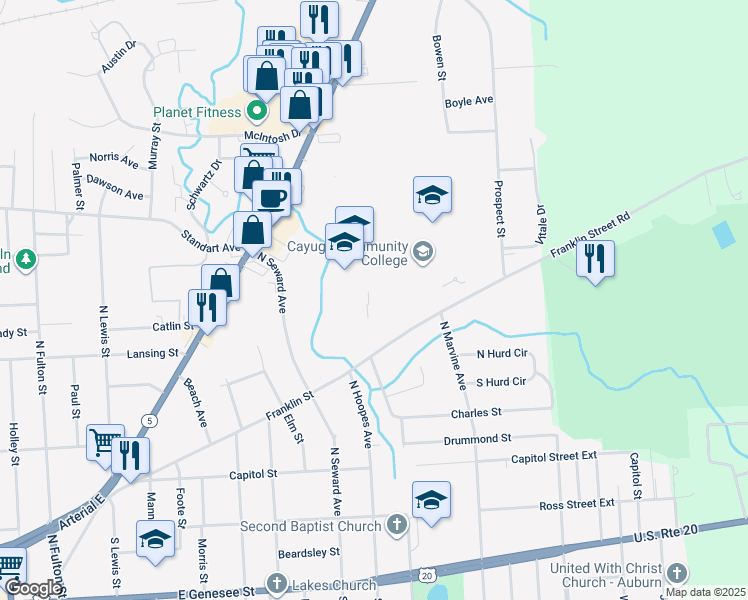 map of restaurants, bars, coffee shops, grocery stores, and more near 191 Franklin Street in Auburn