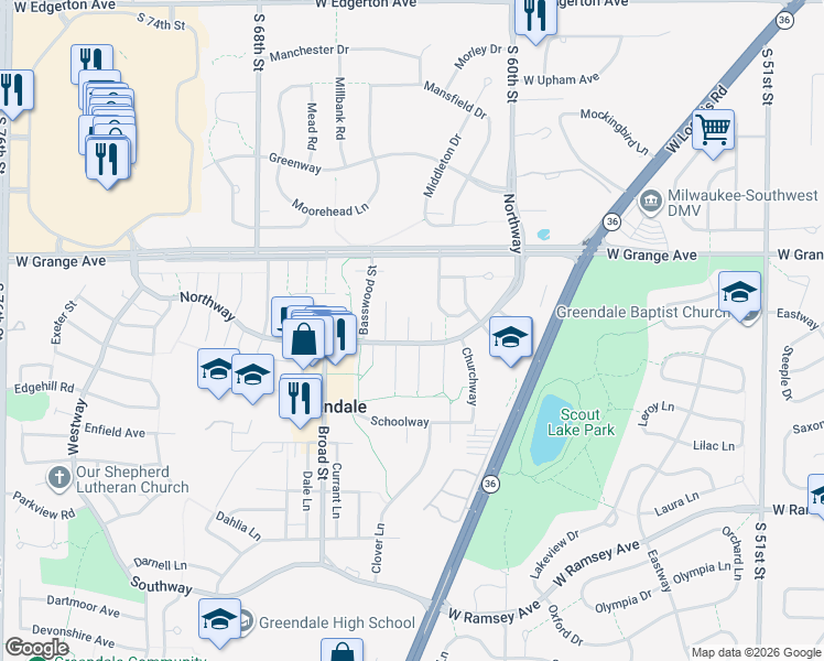 map of restaurants, bars, coffee shops, grocery stores, and more near 5604 Berry Court in Greendale