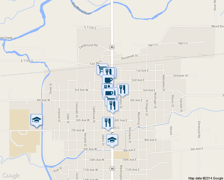 map of restaurants, bars, coffee shops, grocery stores, and more near in Gooding