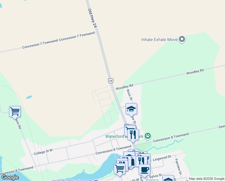 map of restaurants, bars, coffee shops, grocery stores, and more near 160 Main Street North in Waterford