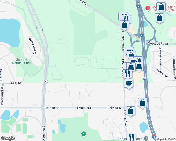 map of restaurants, bars, coffee shops, grocery stores, and more near 1191 East Paris Avenue Southeast in Grand Rapids