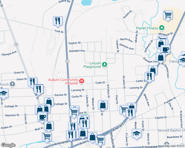 map of restaurants, bars, coffee shops, grocery stores, and more near 9 Peacock Street in Auburn