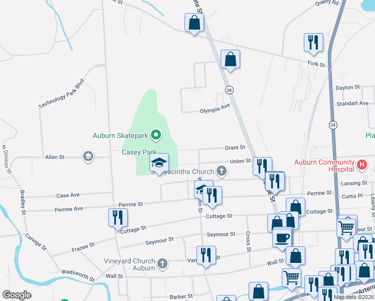 map of restaurants, bars, coffee shops, grocery stores, and more near 59 Grant Street in Auburn