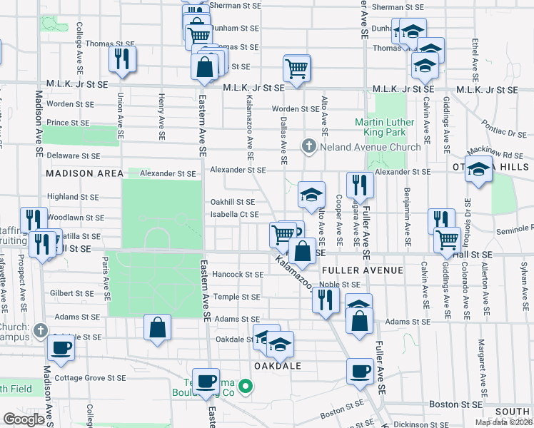 map of restaurants, bars, coffee shops, grocery stores, and more near 1051 Kalamazoo Avenue Southeast in Grand Rapids