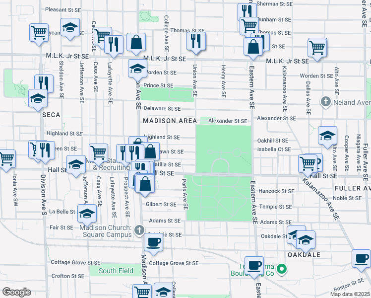map of restaurants, bars, coffee shops, grocery stores, and more near 553 Highland Street Southeast in Grand Rapids