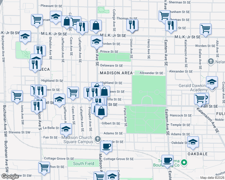 map of restaurants, bars, coffee shops, grocery stores, and more near 440 Highland Street Southeast in Grand Rapids