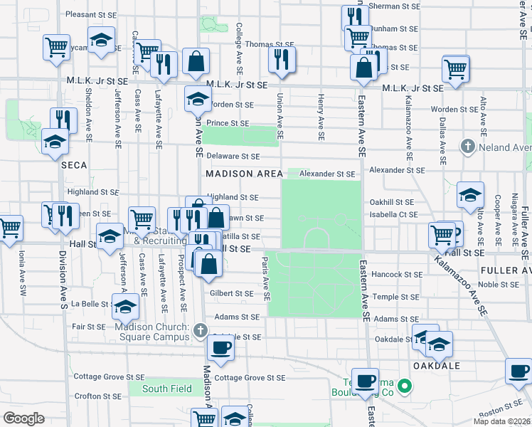 map of restaurants, bars, coffee shops, grocery stores, and more near 537 Woodlawn Street Southeast in Grand Rapids