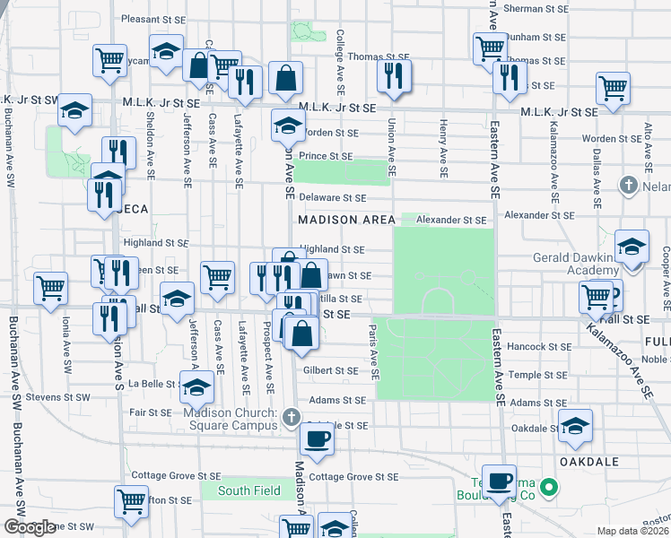 map of restaurants, bars, coffee shops, grocery stores, and more near 440 Highland Street Southeast in Grand Rapids