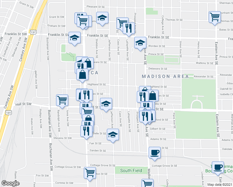 map of restaurants, bars, coffee shops, grocery stores, and more near 1129 Cass Avenue Southeast in Grand Rapids