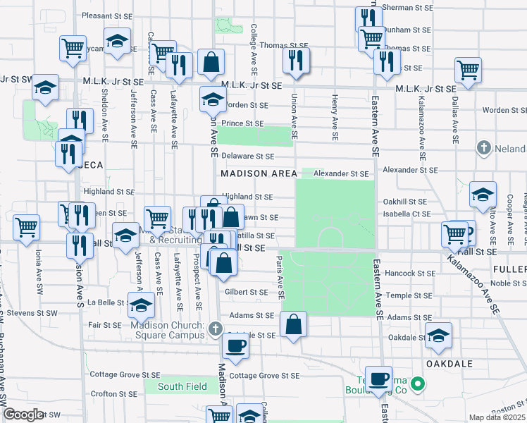 map of restaurants, bars, coffee shops, grocery stores, and more near 512 Highland Street Southeast in Grand Rapids