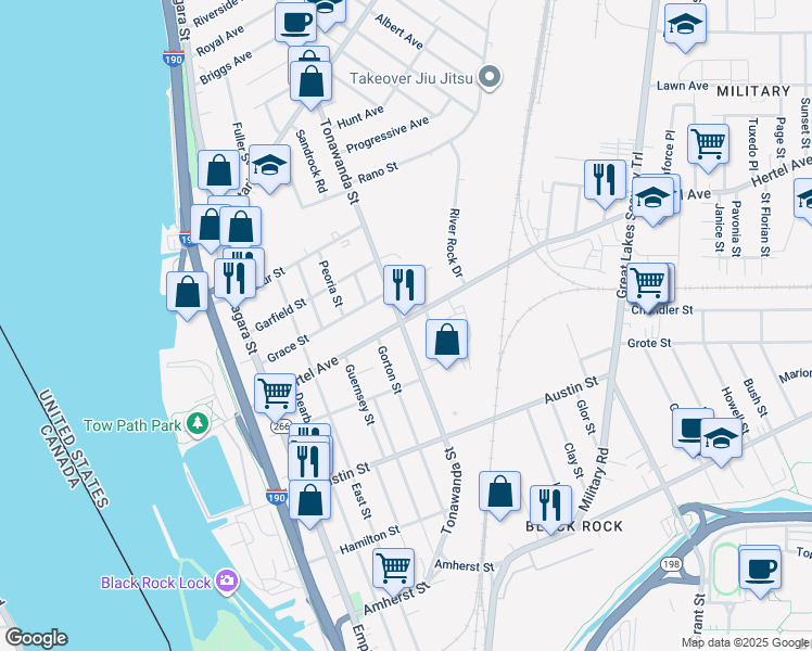 map of restaurants, bars, coffee shops, grocery stores, and more near 198 Hertel Avenue in Buffalo