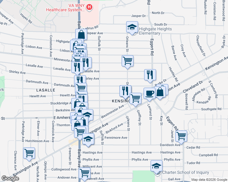 map of restaurants, bars, coffee shops, grocery stores, and more near 436 Dartmouth Avenue in Buffalo