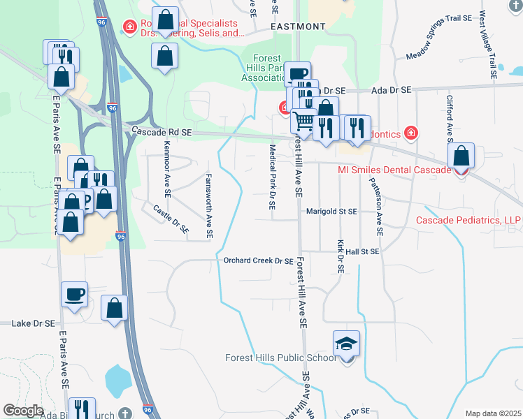 map of restaurants, bars, coffee shops, grocery stores, and more near 1055 Medical Park Drive Southeast in Grand Rapids