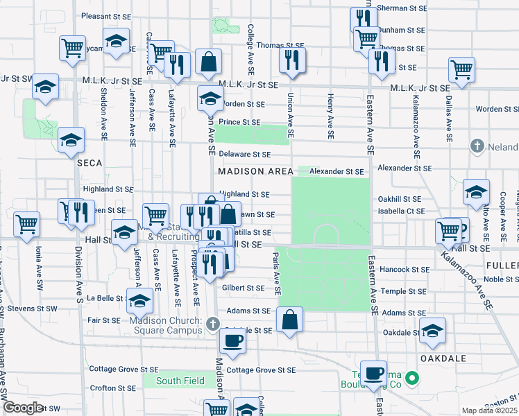 map of restaurants, bars, coffee shops, grocery stores, and more near 512 Highland Street Southeast in Grand Rapids
