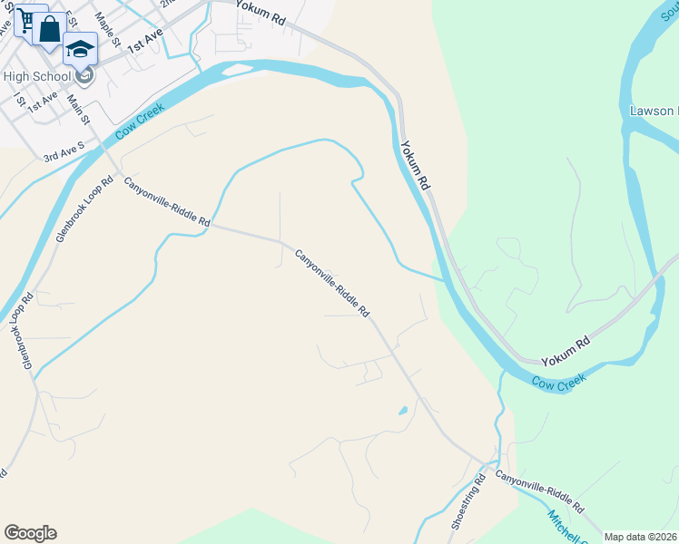 map of restaurants, bars, coffee shops, grocery stores, and more near 4359 Canyonville-Riddle Road in Riddle