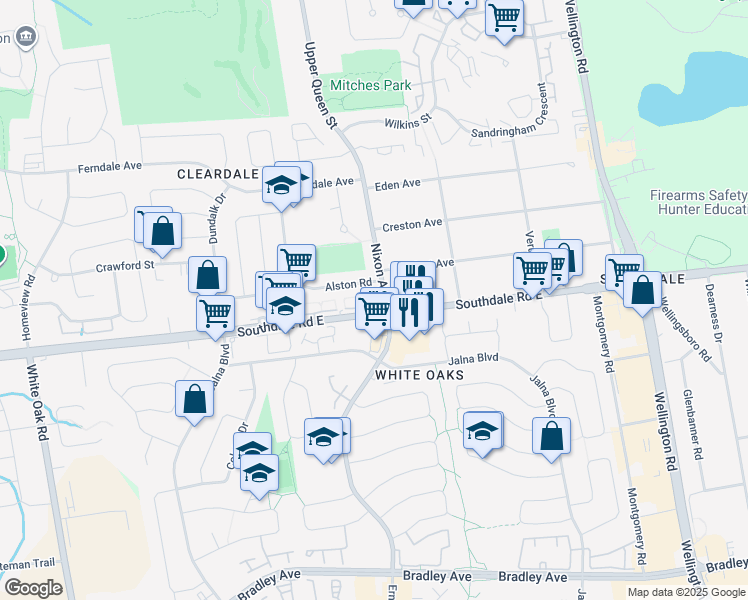 map of restaurants, bars, coffee shops, grocery stores, and more near 500 Southdale Road East in London