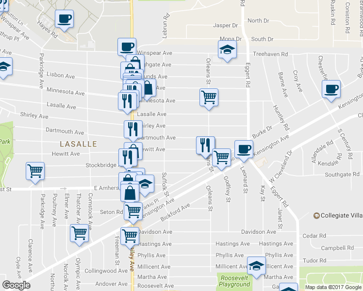 map of restaurants, bars, coffee shops, grocery stores, and more near 392 Dartmouth Avenue in Buffalo