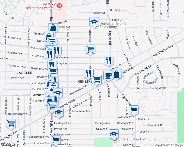 map of restaurants, bars, coffee shops, grocery stores, and more near 478 Dartmouth Avenue in Buffalo