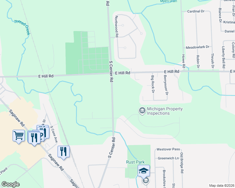 map of restaurants, bars, coffee shops, grocery stores, and more near 6056 South Center Road in Grand Blanc