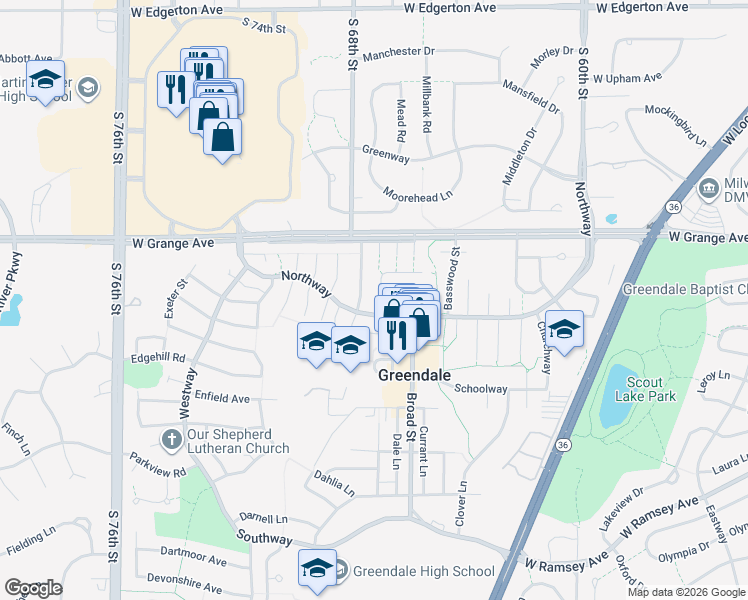 map of restaurants, bars, coffee shops, grocery stores, and more near 5587 Angle Lane in Greendale