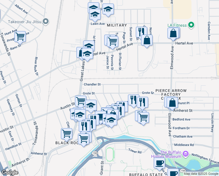 map of restaurants, bars, coffee shops, grocery stores, and more near 132 Chandler Street in Buffalo