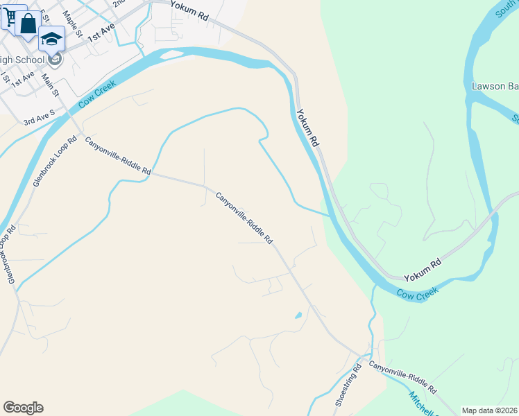 map of restaurants, bars, coffee shops, grocery stores, and more near 4359 Canyonville-Riddle Road in Riddle