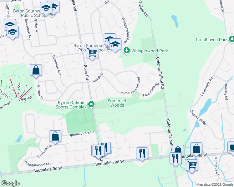 map of restaurants, bars, coffee shops, grocery stores, and more near 55 Somerset Crescent in London