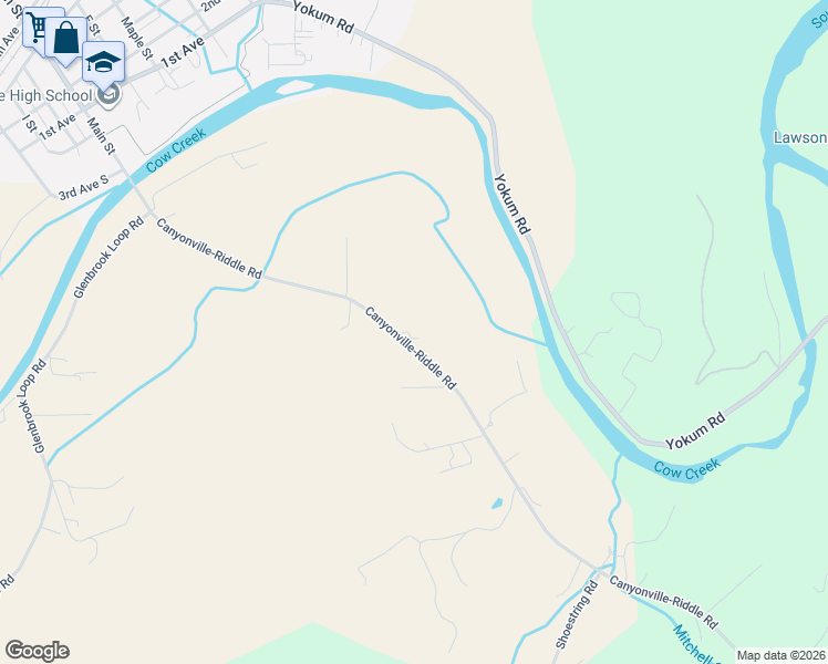 map of restaurants, bars, coffee shops, grocery stores, and more near 4359 Canyonville-Riddle Road in Riddle