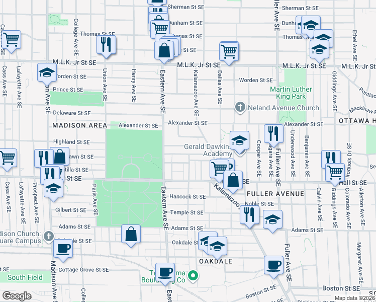 map of restaurants, bars, coffee shops, grocery stores, and more near 855 Oakhill Street Southeast in Grand Rapids