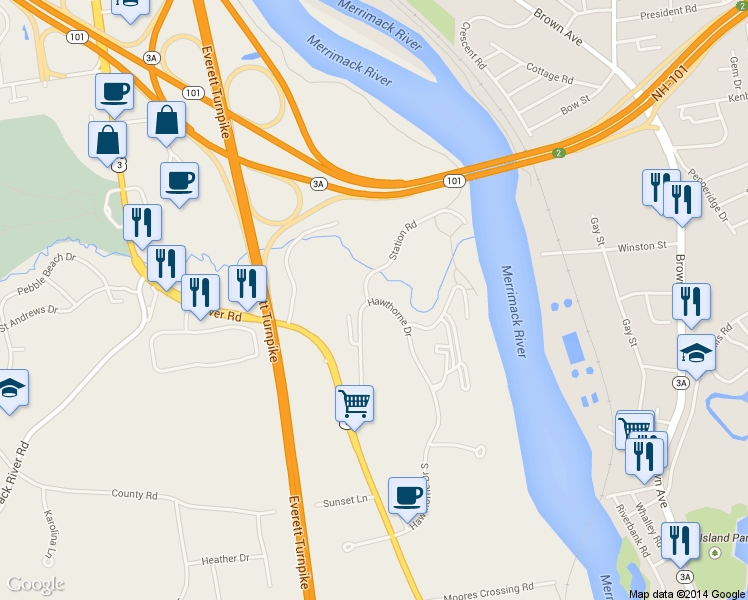map of restaurants, bars, coffee shops, grocery stores, and more near Hawthorne Drive in Bedford