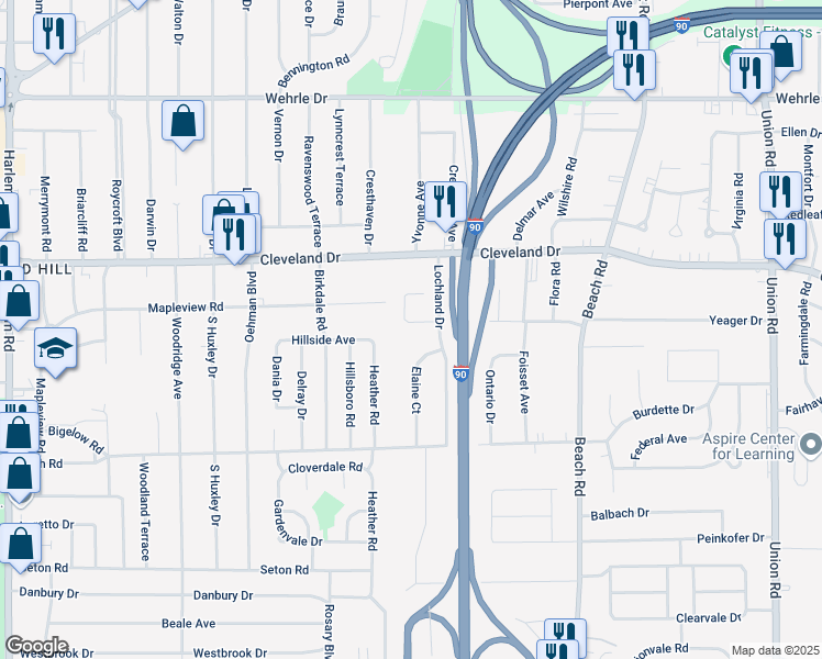 map of restaurants, bars, coffee shops, grocery stores, and more near 14 Doyle Court in Buffalo
