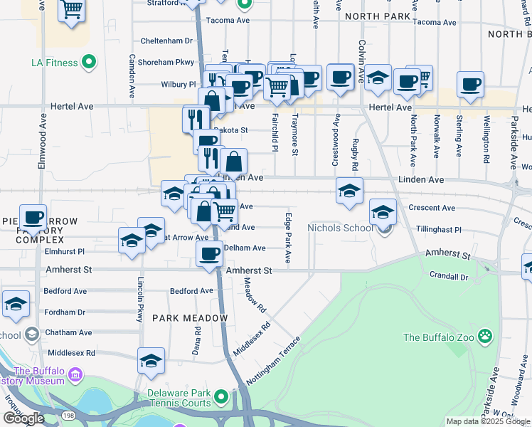 map of restaurants, bars, coffee shops, grocery stores, and more near 64 Knox Avenue in Buffalo