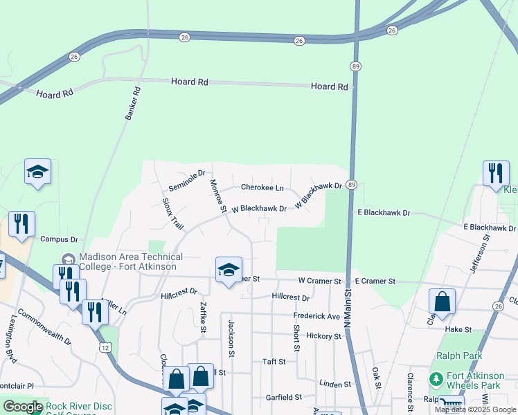 map of restaurants, bars, coffee shops, grocery stores, and more near 371 Cherokee Lane in Fort Atkinson