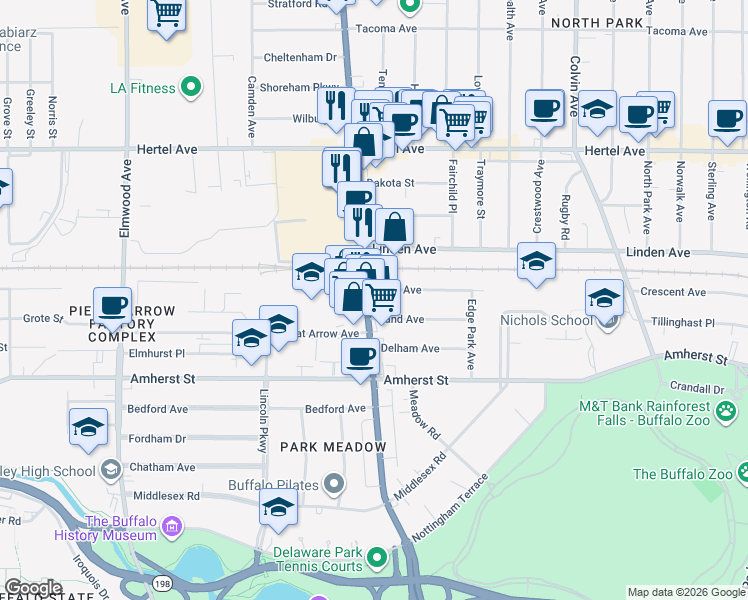 map of restaurants, bars, coffee shops, grocery stores, and more near 24 Knox Avenue in Buffalo