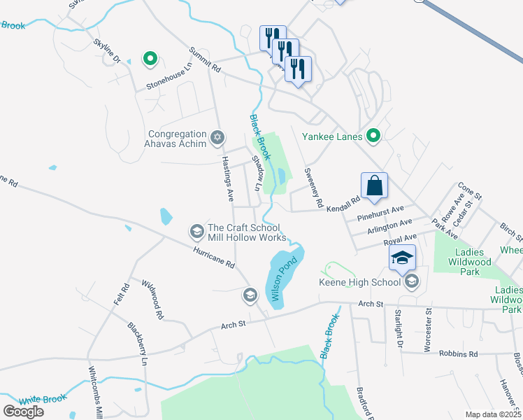map of restaurants, bars, coffee shops, grocery stores, and more near 5 Westlund Avenue in Keene