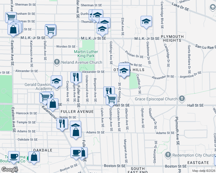 map of restaurants, bars, coffee shops, grocery stores, and more near 1041 Giddings Avenue Southeast in Grand Rapids