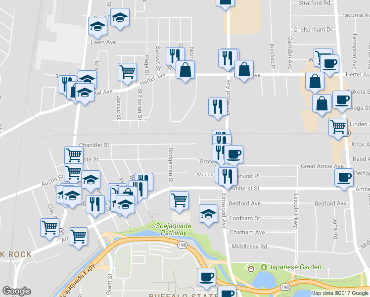 map of restaurants, bars, coffee shops, grocery stores, and more near 261 Chandler Street in Buffalo