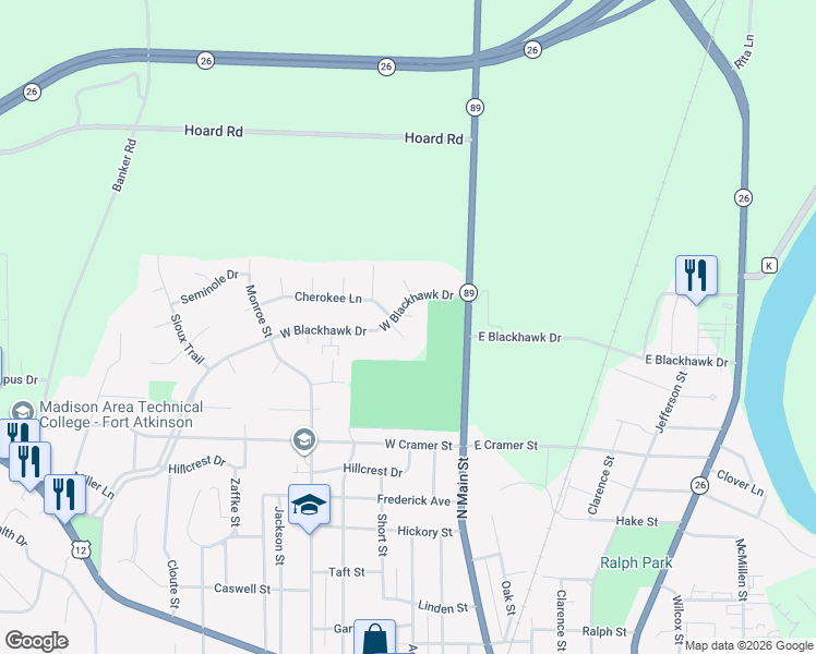 map of restaurants, bars, coffee shops, grocery stores, and more near 222 West Blackhawk Drive in Fort Atkinson