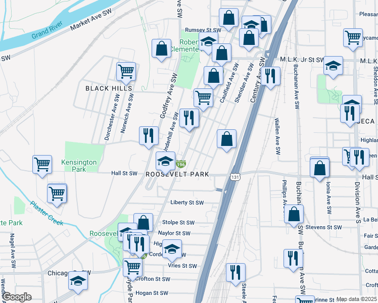 map of restaurants, bars, coffee shops, grocery stores, and more near 1100 Grandville Avenue Southwest in Grand Rapids