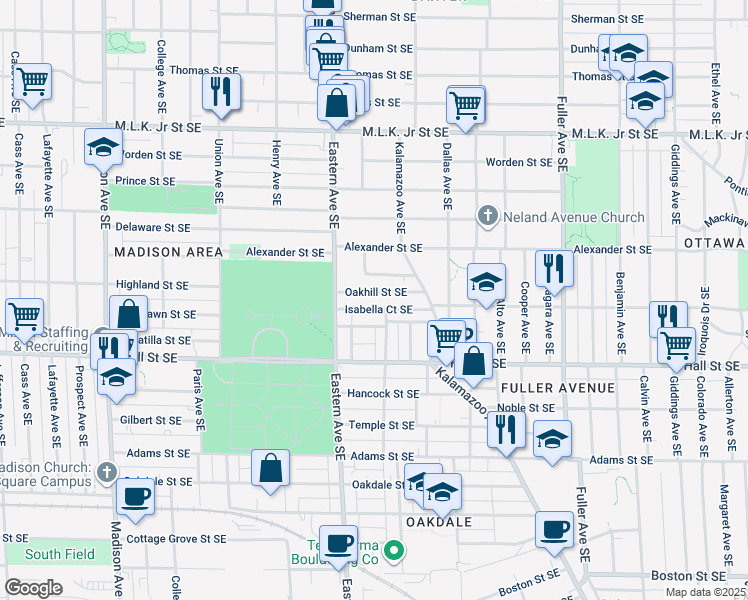 map of restaurants, bars, coffee shops, grocery stores, and more near 840 Oakhill Street Southeast in Grand Rapids