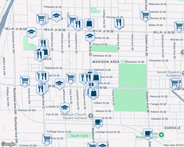 map of restaurants, bars, coffee shops, grocery stores, and more near 1114 Madison Avenue Southeast in Grand Rapids