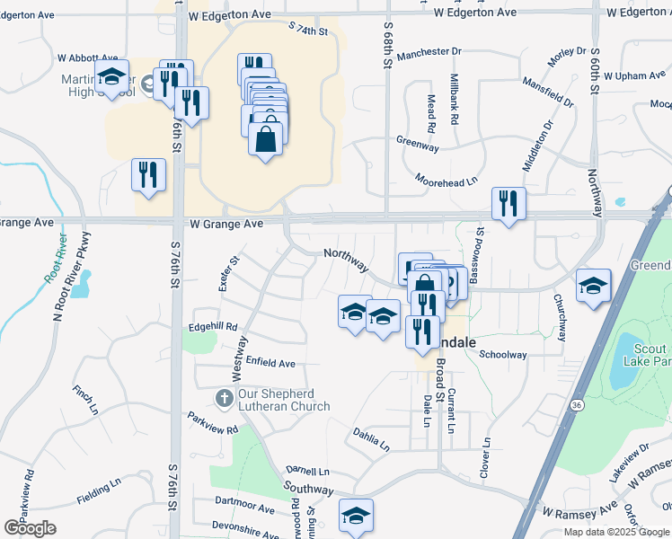 map of restaurants, bars, coffee shops, grocery stores, and more near in Greendale