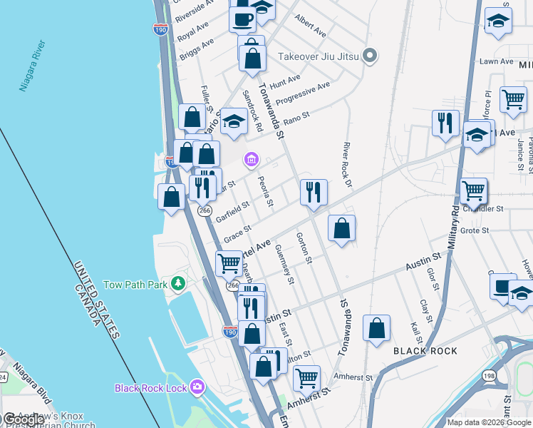 map of restaurants, bars, coffee shops, grocery stores, and more near 16 Peoria Street in Buffalo