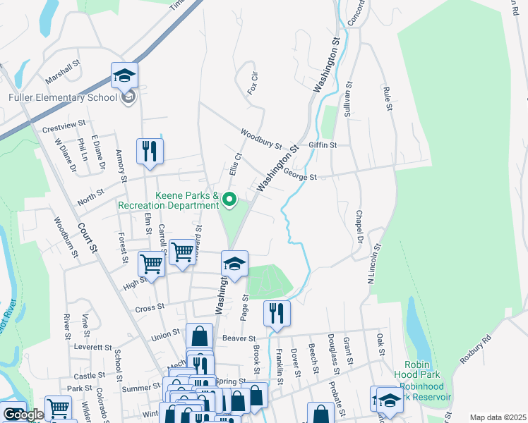map of restaurants, bars, coffee shops, grocery stores, and more near 349 Washington Street in Keene